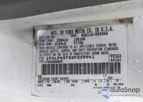 1995 Ford Mustang Gt/Gts из США, поврежденный, VIN 1FALP45T3SF239941